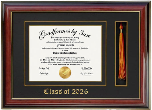 Handcrafted mahogany  wood graduation frame featuring a diploma opening and a dedicated tassel holder with a high-gloss finish, accented with a double mat in black and gold personalized class of 2026,6x8,7x9,8x10,8.5x11,9x12,10x12,10x13,11x14,15x12