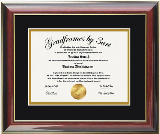 Custom mahogany  wood diploma frame with a high-gloss finish, Handcrafted, featuring a double mat in black and gold ,6x8,7x9,8x10,8.5x11,9x12,10x12,10x13,11x14,12x15,12x16,11x17,14x17,14x18,13.5x15.5,8.25x11.75