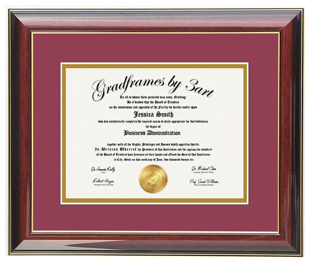 Custom Mahogany  wood diploma frame with a high-gloss finish, Handcrafted, featuring a double mat in maroon and gold ,6x8,7x9,8x10,8.5x11,9x12,10x12,10x13,11x14,12x15,12x16,11x17,14x17,14x18,13.5x15.5,8.25x11.75 (Copy)