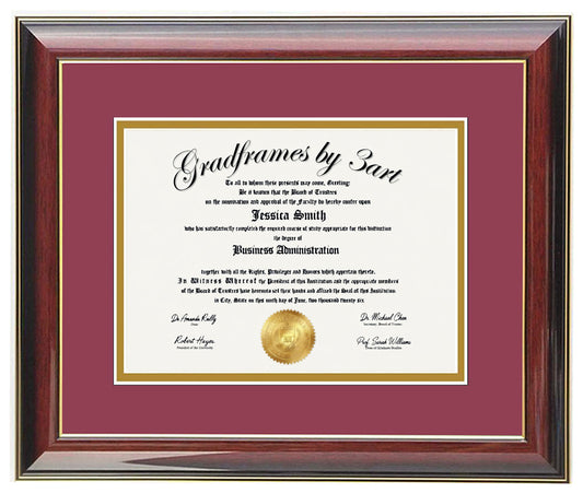 Custom Mahogany  wood diploma frame with a high-gloss finish, Handcrafted, featuring a double mat in maroon and gold ,6x8,7x9,8x10,8.5x11,9x12,10x12,10x13,11x14,12x15,12x16,11x17,14x17,14x18,13.5x15.5,8.25x11.75 (Copy)