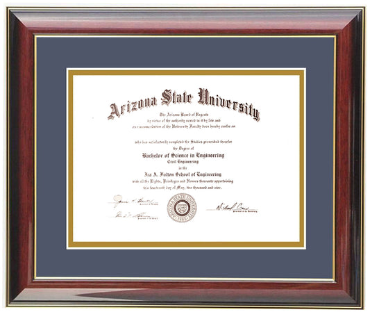 Custom mahogany  wood diploma frame with a high-gloss finish, Handcrafted, featuring a double mat in navy and gold ,6x8,7x9,8x10,8.5x11,9x12,10x12,10x13,11x14,12x15,12x16,11x17,14x17,14x18,13.5x15.5,8.25x11.75