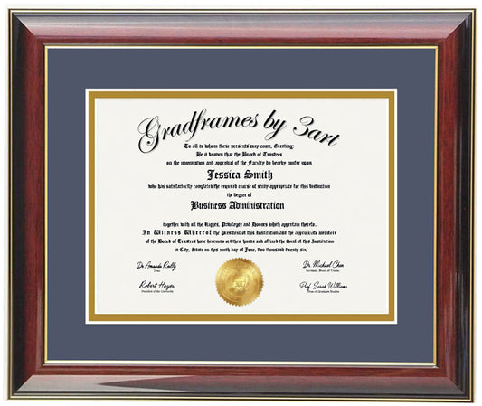 Custom mahogany  wood diploma frame with a high-gloss finish, Handcrafted, featuring a double mat in navy and gold ,6x8,7x9,8x10,8.5x11,9x12,10x12,10x13,11x14,12x15,12x16,11x17,14x17,14x18,13.5x15.5,8.25x11.75