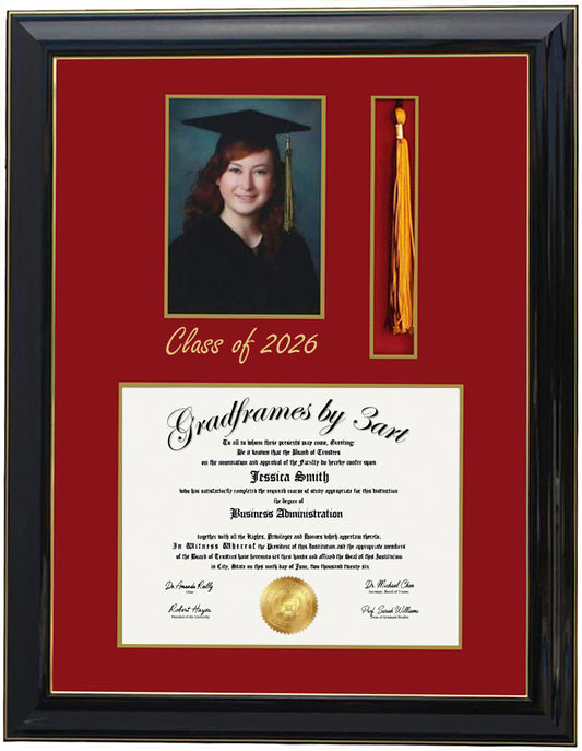 Deluxe black  wood graduation frame with three openings for a diploma, a 5x7 portrait, and a  tassel holder, featuring professional double mat in red and gold personalized class of 2026, handcrafted ,6x8,7x9,8x10,8.5x11,9x12,10x12,10x13,11x14,SQF