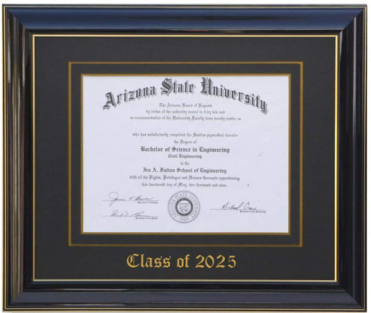 Handcrafted black  wood diploma frame with a high-gloss finish, featuring a double mat in black and gold personalized,10x13,11x14,12x16,11x17,14x17,14x18,15x20