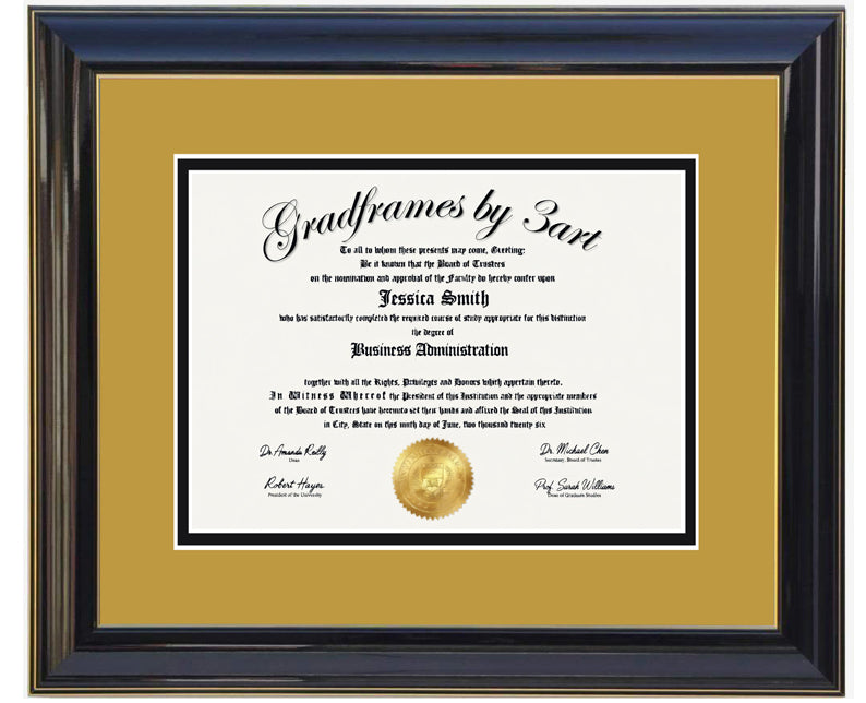 Custom black  wood diploma frame with a high-gloss finish, Handcrafted, featuring a double mat in gold and black ,6x8,7x9,8x10,8.5x11,9x12,10x12,10x13,11x14,12x15,12x16,11x17,14x17,14x18,13.5x15.5,8.25x11.75