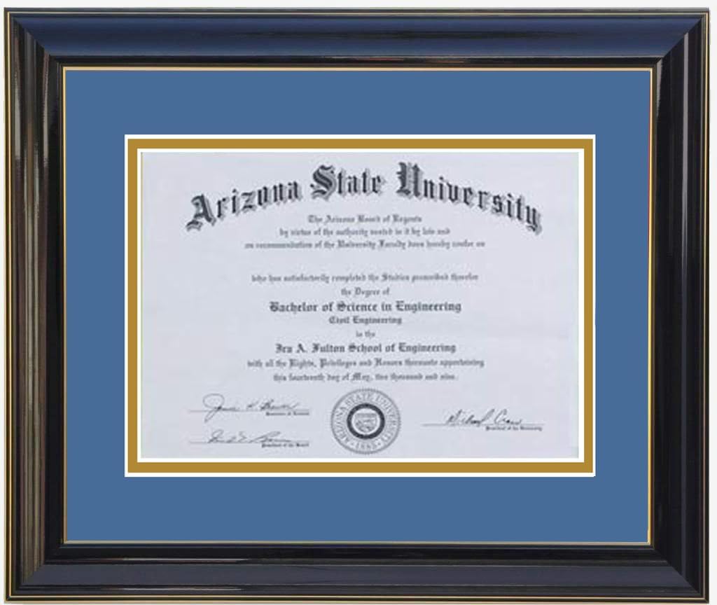 Custom black  wood diploma frame with a high-gloss finish, Handcrafted, featuring a double mat in blue and gold ,6x8,7x9,8x10,8.5x11,9x12,10x12,10x13,11x14,12x15,12x16,11x17,14x17,14x18,13.5x15.5,8.25x11.75