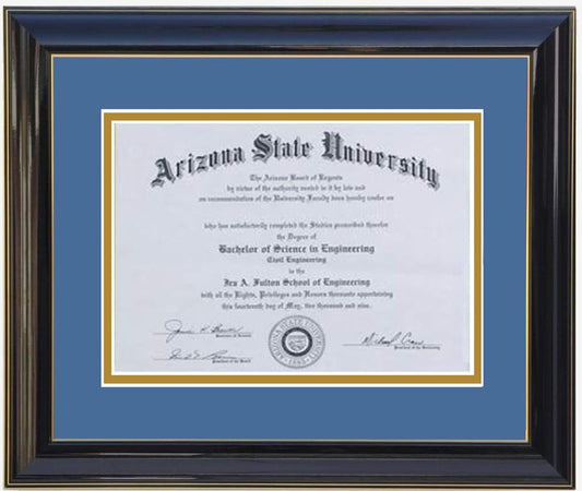 Custom black  wood diploma frame with a high-gloss finish, Handcrafted, featuring a double mat in blue and gold ,6x8,7x9,8x10,8.5x11,9x12,10x12,10x13,11x14,12x15,12x16,11x17,14x17,14x18,13.5x15.5,8.25x11.75