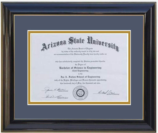 Custom black  wood diploma frame with a high-gloss finish, Handcrafted, featuring a double mat in navy and gold ,6x8,7x9,8x10,8.5x11,9x12,10x12,10x13,11x14,12x15,12x16,11x17,14x17,14x18,13.5x15.5,8.25x11.75