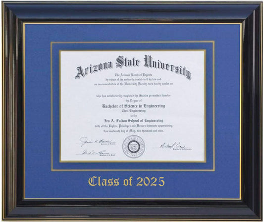 Handcrafted black  wood diploma frame with a high-gloss finish, featuring a double mat in blue and gold personalized,10x13,11x14,12x16,11x17,14x17,14x18,15x20