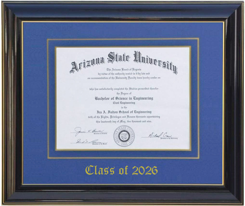 Handcrafted black  wood diploma frame with a high-gloss finish, featuring a double mat in blue and gold personalized,6x8,7x9,8x10,8.5x11,9x12,10x12,10x13,11x14,12x15,12x16,14x16,11x17,13x17,14x18,15x20,16x20.5,8.25x11.75