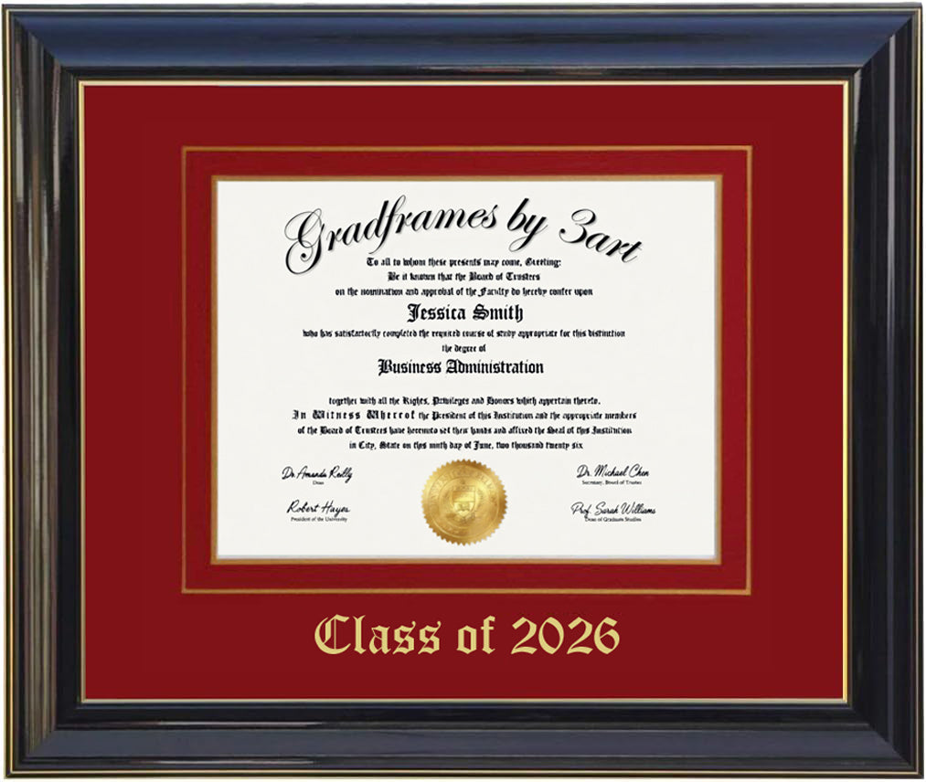 Handcrafted black  wood diploma frame with a high-gloss finish, featuring a double mat in red and gold personalized,6x8,7x9,8x10,8.5x11,9x12,10x12,10x13,11x14,12x15,12x16,14x16,11x17,13x17,14x18,15x20,16x20.5,8.25x11.75