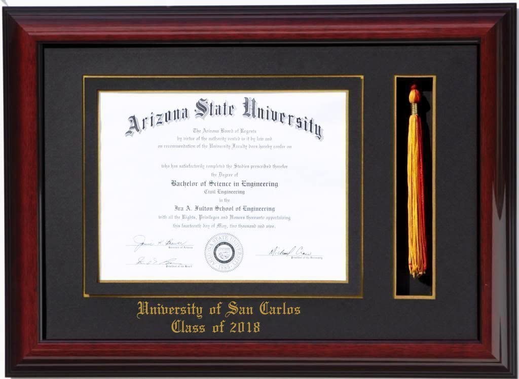 Handcrafted black  wood graduation frame featuring a diploma opening and a dedicated tassel holder with a high-gloss finish, accented with a double mat in blue and gold personalized class of 2026,6x8,7x9,8x10,8.5x11,9x12,10x12,10x13,11x14,15x12